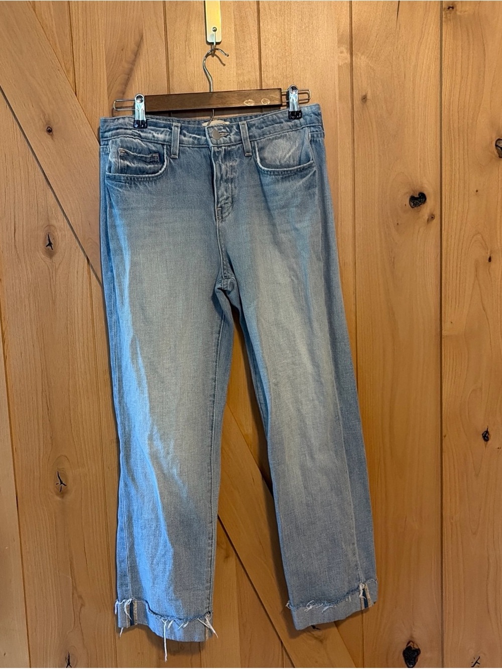 L'Agence Maribel Jeans Womens 26 Blue High Rise Straight Cuffed Cropped Raw Hem